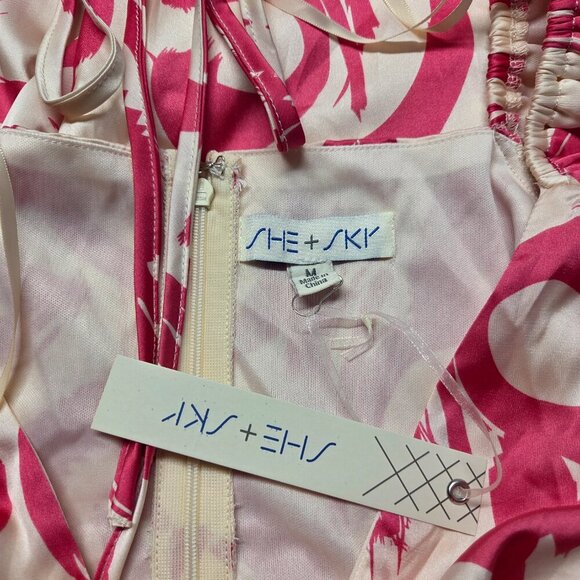 She + Sky Medium Hot Pink White Floral V Neck Balloon Sleeve Knee Length Dress - Picture 10 of 11